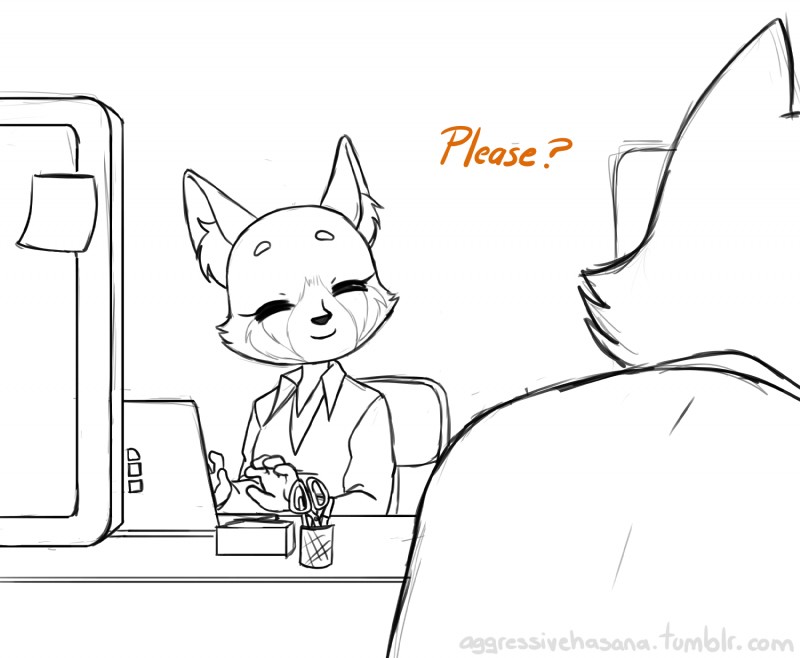 anthro clothed clothing computer duo electronics eyes_closed female laptop male simple_background sitting smile aggressivehasana aggretsuko sanrio ookami_(aggretsuko) retsuko ailurid canid canine mammal maned_wolf red_panda hi_res