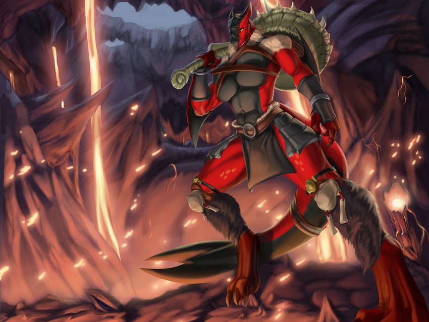 anthro armor breasts bulge claws clothed clothing gynomorph hammer intersex looking_at_viewer melee_weapon multi_breast red_body solo tools weapon hamili capcom monster_hunter vesta flying_wyvern molten_tigrex hi_res