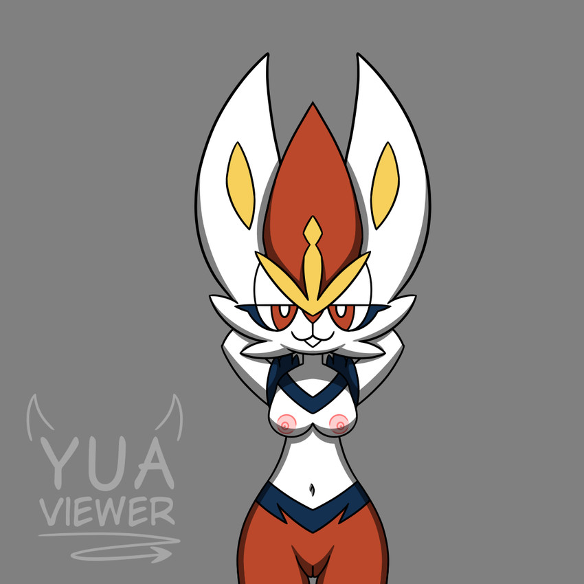 anthro biped breasts eyelashes facial_tuft female female_anthro fur genitals long_eyelashes multicolored_body multicolored_fur nipples nude nude_anthro nude_female pink_nipples solo thick_thighs tuft vulva white_body white_fur yua_viewer nintendo pokemon cinderace generation_8_pokemon lagomorph mammal pokemon_(species) 1:1