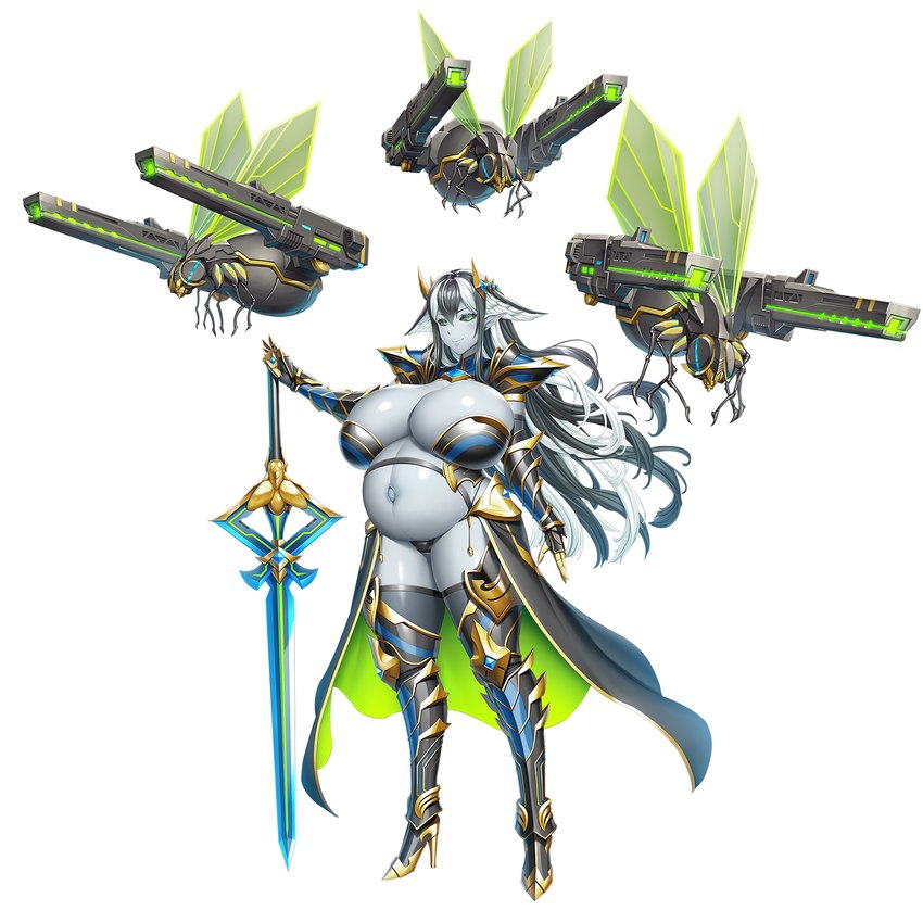 armor belly big_breasts bikini_armor black_hair black_sclera boots breasts cannon clothed clothing drone_(vehicle) feather_hair feathers female footwear gauntlets gloves greaves green_eyes grey_body grey_skin hair handwear high_heeled_boots high_heels huge_breasts humanoid_pointy_ears legwear machine melee_weapon multicolored_hair navel outie_navel pointy_ears pregnant pregnant_female pseudo_hair ranged_weapon shoes simple_background skimpy solo sword thigh_boots thigh_highs unconvincing_armor weapon white_background white_hair sano_toshihide taimanin_(series) wisp_(taimanin_asagi) arthropod bee demon humanoid hymenopteran insect robot wraith 1:1 digital_media_(artwork) hi_res