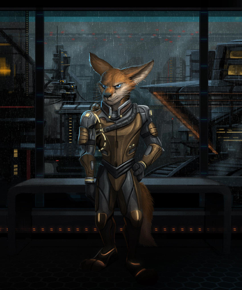 anthro black_nose blue_eyes building city clothed clothing codpiece detailed_background fully_clothed fur hand_on_hip male orange_body orange_fur raining solo standing whiskers window temiree stellaris canid canine fox mammal mammalian_(stellaris) mammalian_3 2018 absurd_res hi_res