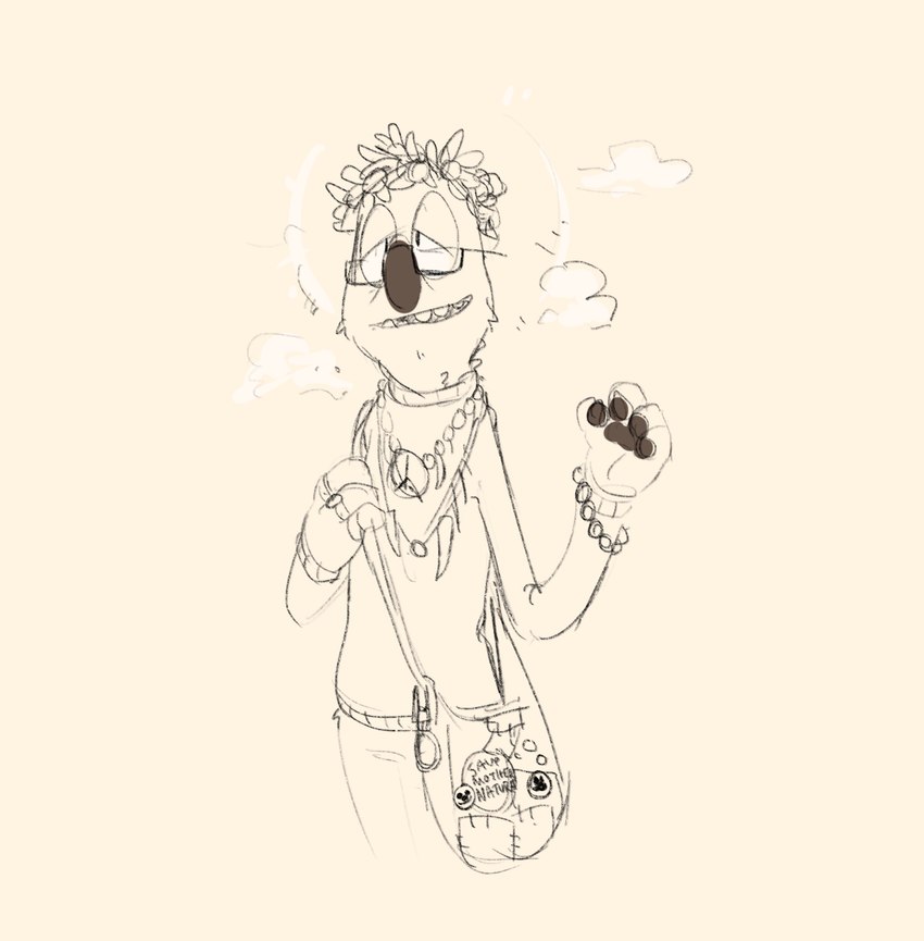 anthro bag bracelet brown_nose brown_pawpads clothing eyewear female flower flower_crown glasses half-closed_eyes jewelry narrowed_eyes necklace pawpads peace_symbol plant ring smile solo teeth text topwear shaibey bugsnax young_horses shelda_woolbag grumpus 2022 digital_media_(artwork) english_text hi_res procreate_(artwork)