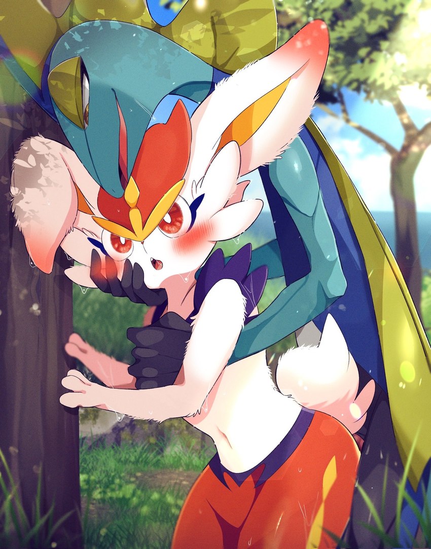 ambiguous_gender anthro anthro_on_anthro blush duo forest fur long_ears male male/ambiguous navel partially_visible_penis plant scut_tail short_tail size_difference tail tree white_body white_fur white_tail prrrrrrmine nintendo pokemon cinderace generation_8_pokemon inteleon pokemon_(species) hi_res