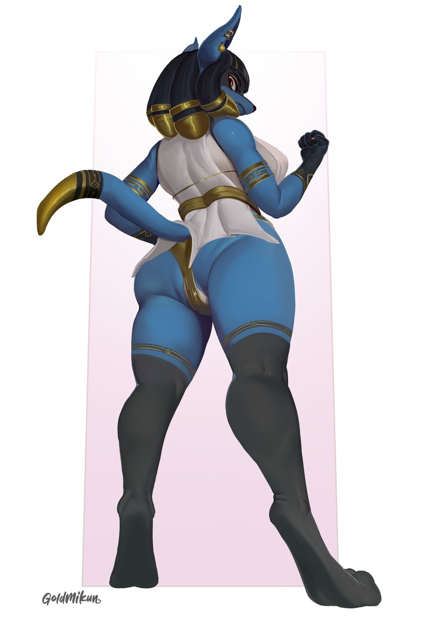 anthro big_butt biped blue_body breasts butt clothed clothing ear_piercing ear_ring female holowear_(pokemon) piercing ring_piercing solo tail goldmikun nintendo pokemon pokemon_unite nubia_(vulfox) ruins_style_lucario generation_4_pokemon lucario pokemon_(species) absurd_res hi_res