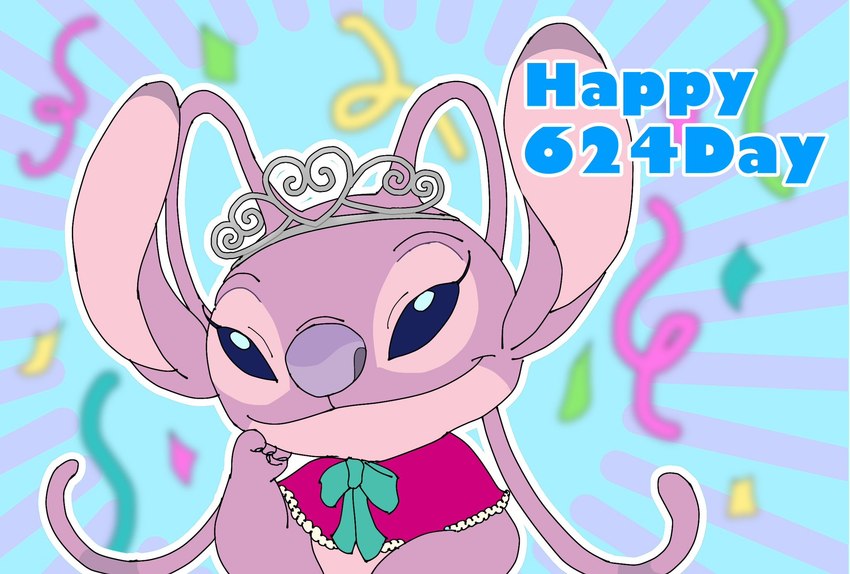 4_fingers antennae_(anatomy) anthro blue_background confetti confetti_streamer crown ear_markings eyelashes female fingers hand_on_face headgear long_antennae looking_at_viewer markings outline pink_body purple_eyes purple_markings purple_nose ribbon_tie simple_background smile solo text tiara mayoooon_626 disney lilo_and_stitch angel_(lilo_and_stitch) alien experiment_(lilo_and_stitch) 2024 digital_drawing_(artwork) digital_media_(artwork) english_text flat_colors hi_res