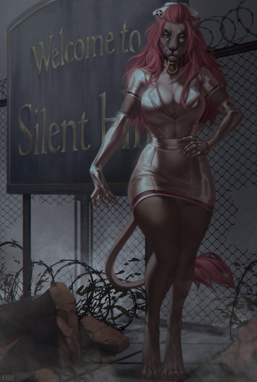 anthro armwear barbed_wire barefoot big_breasts blue_eyes breasts chain-link_fence claws cleavage clothed clothing collar collar_ring curvy_figure detailed_background detailed_hair digitigrade elbow_gloves feet female fence floor fog front_view fully_clothed glistening glistening_clothing gloves hair hand_on_hip handwear hat headgear headwear holding_hip hourglass_figure legs_together light long_hair looking_at_viewer nurse_clothing nurse_hat nurse_headwear nurse_uniform outside pink_claws pink_hair pose rock sign solo standing tail tail_tuft text tile tile_floor tuft uniform welcome_sign b.koal konami silent_hill felid lion mammal pantherine 2023 english_text full-length_portrait hi_res lighting portrait