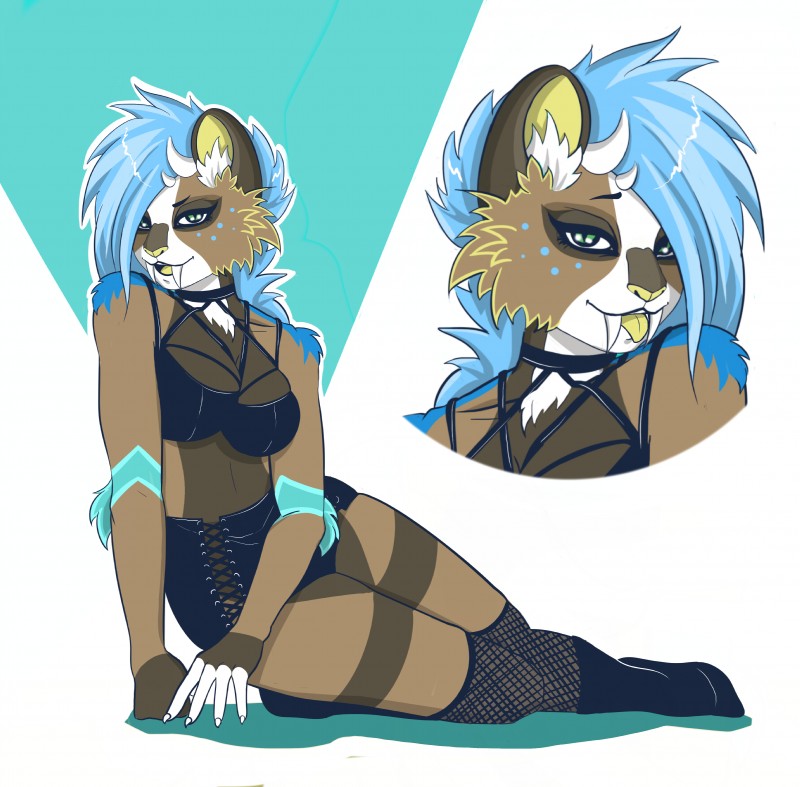 blue_hair female hair pose solo rybamorey cloakedthief natalie_(cloakedthief) felid feline mammal prehistoric_species saber-toothed_tiger absurd_res hi_res pinup