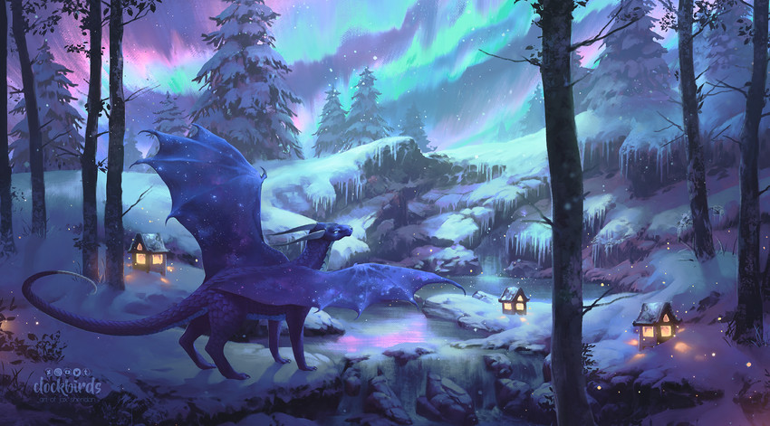 claws detailed_background feral horn membrane_(anatomy) membranous_wings night outside plant purple_body purple_scales scales sky snow solo star starry_sky tail tree wings clockbirds european_mythology mythology dragon mythological_creature mythological_scalie scalie western_dragon 2020 digital_media_(artwork) hi_res