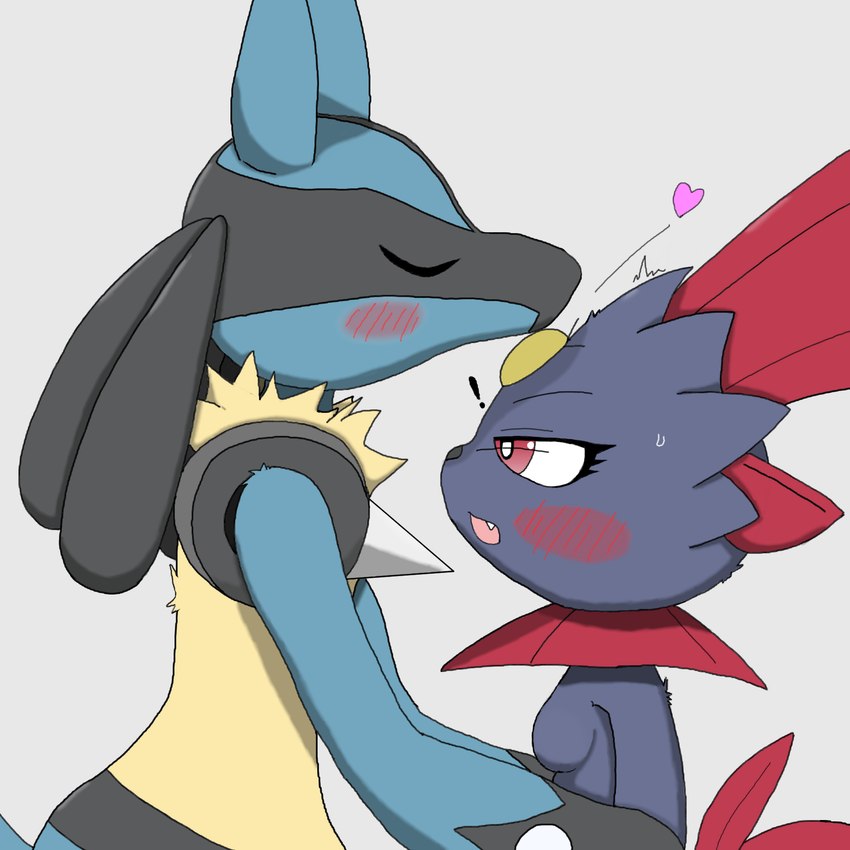 anthro breasts duo eyes_closed female heart_symbol interspecies kiss_on_forehead kissing male male/female side_view simple_background surprise_kiss zk_(artist) nintendo pokemon generation_4_pokemon lucario pokemon_(species) weavile 1:1 hi_res