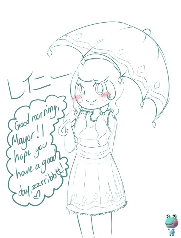 alternate_species anthro blush female heart_symbol humanized solo text umbrella lacgl requestfaeg animal_crossing nintendo lily_(animal_crossing) amphibian frog human mammal english_text hi_res japanese_text monochrome translation_request