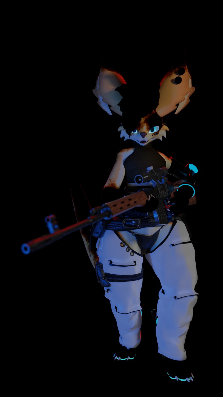 anthro black_hair blue_eyes blue_pawpads clothed clothing dragunov glowing glowing_eyes gun hair holding_gun holding_object holding_ranged_weapon holding_weapon looking_at_viewer male mechanical_arm mechanical_leg pawpads prosthetic prosthetic_arm prosthetic_limb ranged_weapon rifle simple_background sniper_rifle solo standing tail teeth weapon basicallydeadyeen_(jmhlup) blender_cycles unnamed_character hobkin hobkin_redux 3d_(artwork) 9:16 blender_(artwork) digital_media_(artwork) hi_res