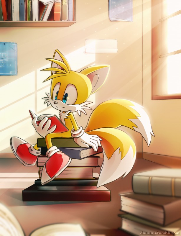 anthro big_eyes big_head biped black_nose blue_eyes book clothing day dipstick_tail footwear fur gloves handwear inside light male markings multi_tail multicolored_tail sitting smile solo sunlight tail tail_markings text toony white_body white_fur window yellow_body yellow_fur akusuru sega sonic_the_hedgehog_(series) miles_prower canid canine fox mammal absurd_res english_text hi_res