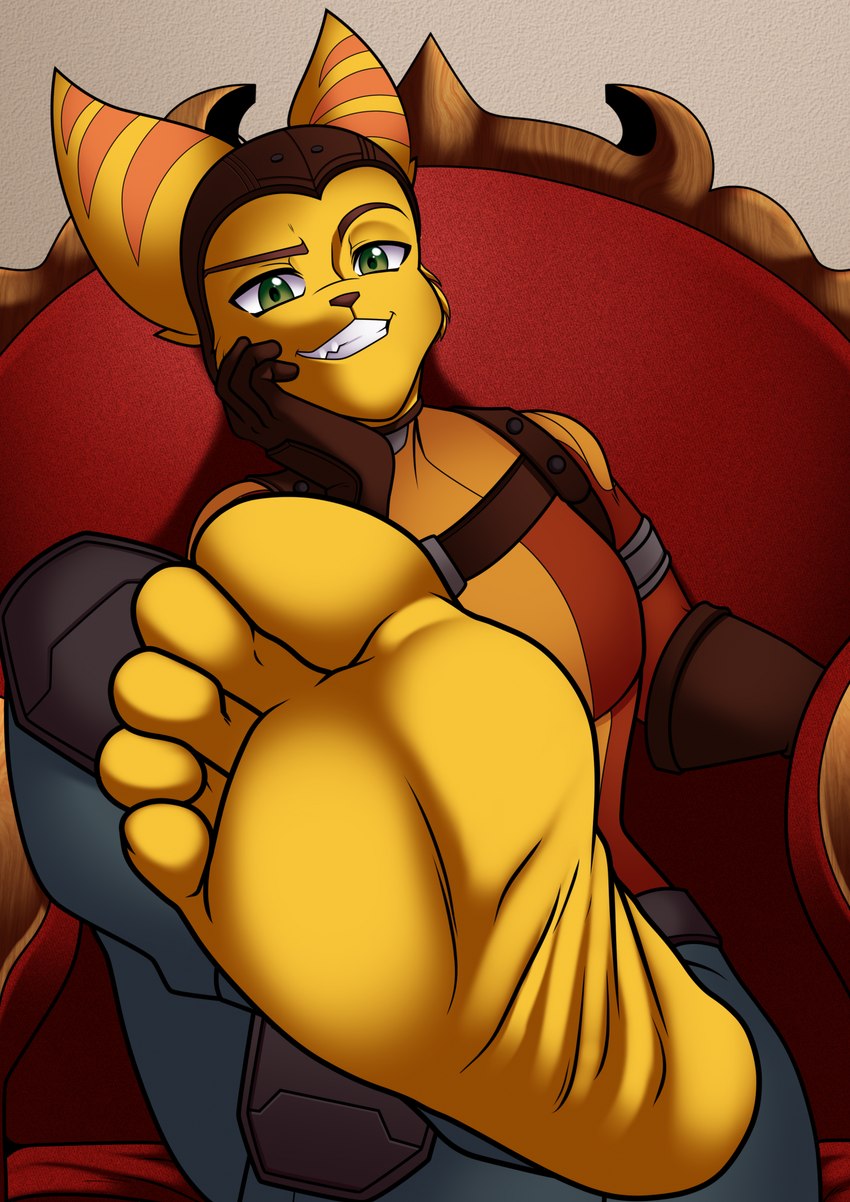 5_toes anthro eyebrows feet foot_focus grin humanoid_feet looking_at_viewer male plantigrade raised_eyebrow smile soles solo toes cyborg-steve ratchet_and_clank sony_corporation sony_interactive_entertainment ratchet_(ratchet_and_clank) lombax mammal hi_res