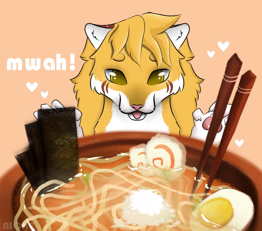 ambiguous_gender bowl container food fur noodles ramen solo white_body white_fur yellow_body yellow_fur lilcunyi tass_(tassy) felid hybrid liger lion mammal pantherine