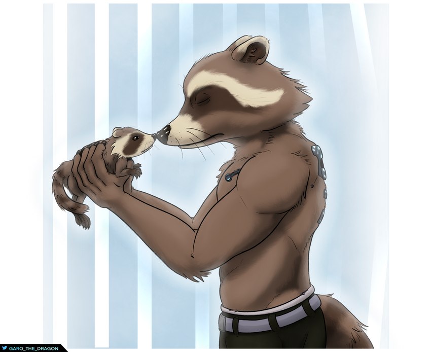 5_fingers belt body_modification bottomwear brown_body clothed clothing eyes_closed fingers holding_object looking_at_another male pants peaceful simple_background snout_to_snout solo tail topless whiskers garo_(artist) guardians_of_the_galaxy marvel rocket_raccoon mammal procyonid raccoon 2023 absurd_res digital_media_(artwork) hi_res shaded