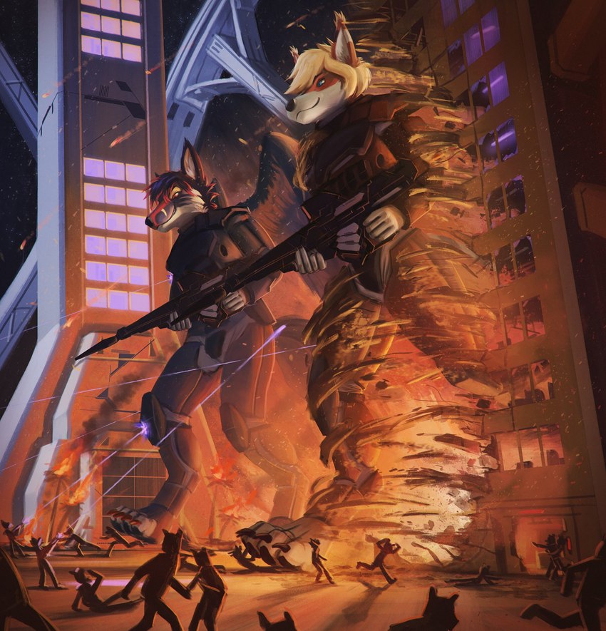 anthro building building_destruction city city_destruction claws destruction duo explosion extreme_size_difference fingers fire gun holding_object holding_weapon macro male pawpads ranged_weapon size_difference skyscraper smile toe_claws weapon thb886 canid canine fox mammal 2023 absurd_res hi_res