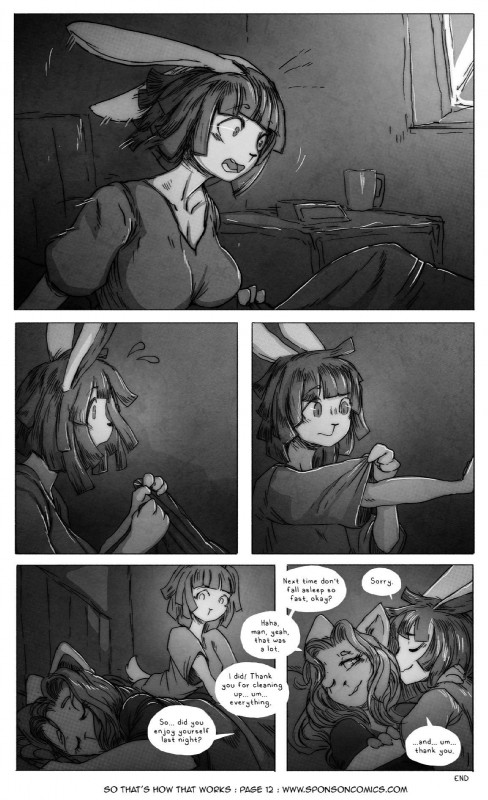 anthro breasts clothing duo female lying text pwcsponson carmen_(pwcsponson) eliza_(pwcsponson) felid lagomorph leporid mammal rabbit english_text hi_res monochrome url