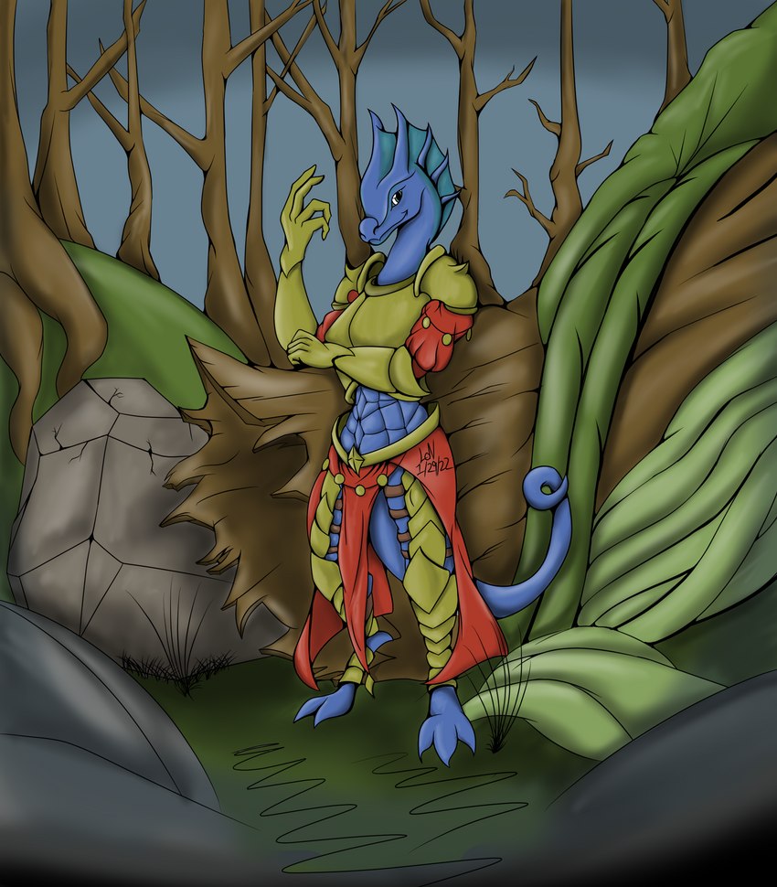 anthro armor digitigrade fallen_tree female long_tail midriff plant rock solo swamp tail vines lordofnothin1 dungeons_and_dragons hasbro wizards_of_the_coast lizard lizardman reptile scalie absurd_res hi_res