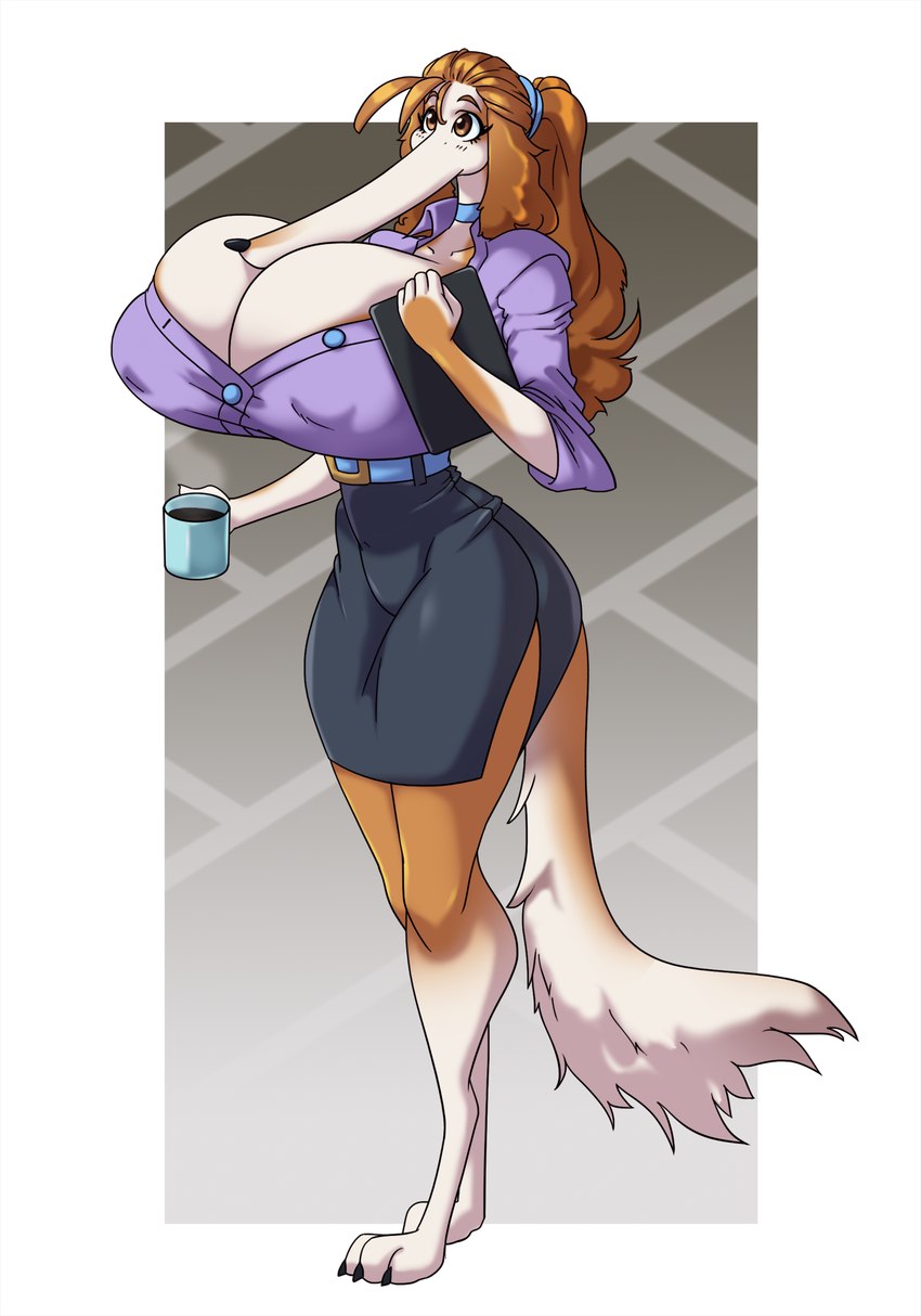anthro big_breasts breasts brown_eyes brown_hair cleavage clothed clothing female fluffy fluffy_tail hair huge_breasts hyper hyper_breasts long_hair long_snout office_lady snout solo tail thick_thighs wide_hips spiralingstaircase borbie_(spiralingstaircase) borzoi canid canine canis domestic_dog hunting_dog mammal sighthound 2023 digital_media_(artwork) hi_res