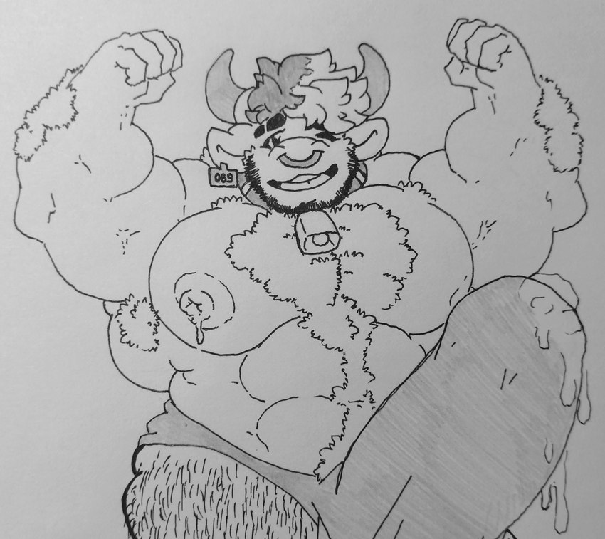 anthro beard big_bulge big_muscles big_pecs bodily_fluids body_hair bulge chest_hair clothing cum cum_in_clothing cum_in_underwear cum_through_clothing cum_through_underwear erection erection_under_clothing facial_hair facial_piercing front_view genital_fluids hair hairy_legs huge_bulge hyper hyper_bulge lactating looking_at_viewer male male_lactation muscular muscular_anthro muscular_male nose_piercing nose_ring open_mouth open_smile pecs piercing raised_arms ring_piercing smile solo teeth underwear wet wet_clothing wet_underwear artomu_san bovid bovine cattle mammal 2021 absurd_res hi_res monochrome pen_(artwork) portrait three-quarter_portrait traditional_media_(artwork)