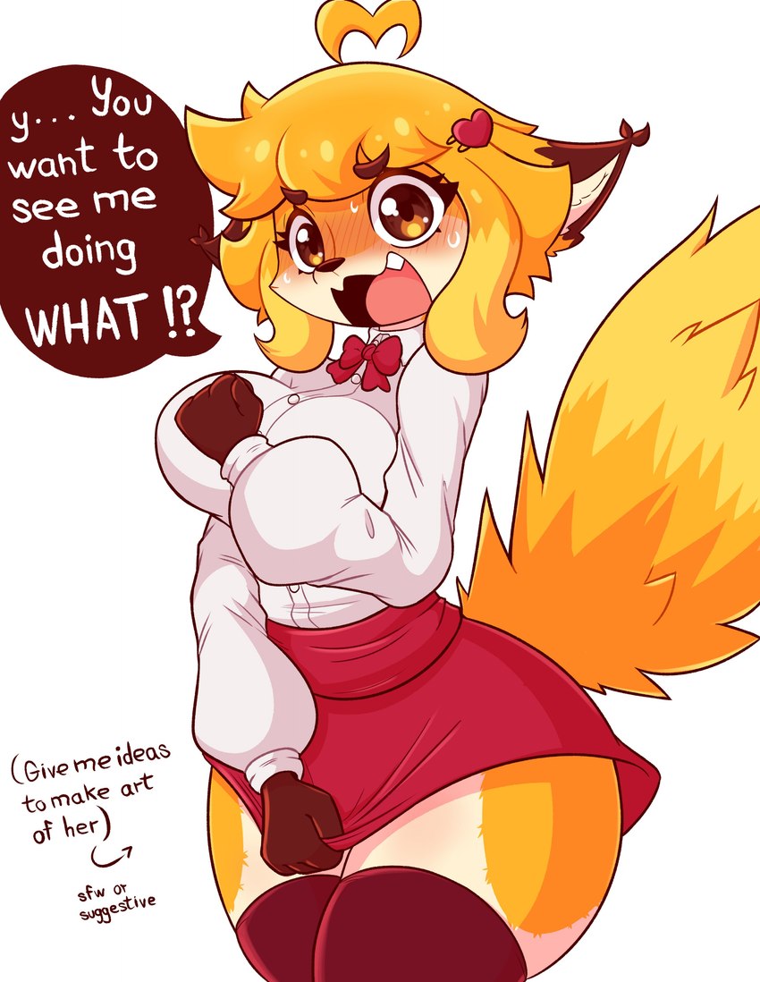 4_fingers absolute_territory accessory ahoge amber_eyes anthro big_breasts blonde_hair blouse blush blush_lines bodily_fluids bottomwear bow_tie breasts button_(fastener) clothed clothing collared_blouse covering covering_breasts curvy_figure cute_fangs dialogue embarrassed fangs female fingers fist fluffy fluffy_tail fur furgonomics hair hair_accessory hairclip holding_skirt_down hourglass_figure legwear looking_at_viewer messy_tail miniskirt open_mouth red_bottomwear red_clothing red_skirt shocked simple_background skirt snaggle_tooth solo suggestive sweat tail tail_through_skirt teeth text thick_thighs thigh_highs topwear white_blouse yellow_body yellow_fur jasminthemanticore jasmin_(jasminthemanticore) canid canine fox mammal absurd_res english_text hi_res