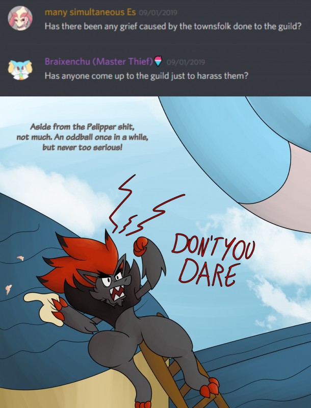 angry cloud dialogue feces fur male open_mouth outside text towel neksu nintendo pokemon pokemon_mystery_dungeon spike_chunsoft wanderlust aiden_laninga fan_character canid canine generation_3_pokemon generation_5_pokemon mammal pelipper pokemon_(species) zoroark 2019 absurd_res digital_media_(artwork) english_text hi_res