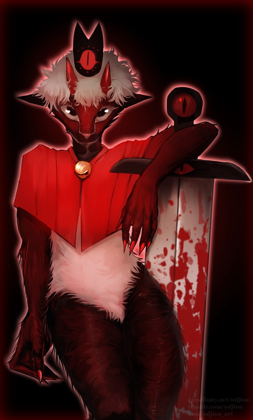 anthro black_body black_fur blood blood_on_sword blood_on_weapon bodily_fluids crown fur hair half_naked headgear horizontal_pupils horn looking_at_viewer melee_weapon pupils red_horn solo standing standing_position sword weapon white_body white_fur white_hair udjina cult_of_the_lamb massive_monster_(studio) fan_character lamb_(cult_of_the_lamb) bovid caprine goat mammal absurd_res hi_res