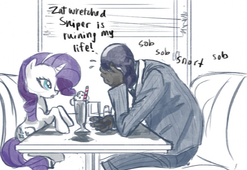 beverage blue_eyes bodily_fluids clothed clothing crying cutie_mark dialogue drinking_straw duo female feral fur furniture gloves hair handwear horn inside male mask milkshake open_mouth purple_eyes purple_hair suit table tears text white_body white_fur window multiversecafe friendship_is_magic hasbro my_little_pony mythology team_fortress_2 valve rarity_(mlp) spy_(team_fortress_2) equid equine human mammal mythological_creature mythological_equine unicorn crossover english_text