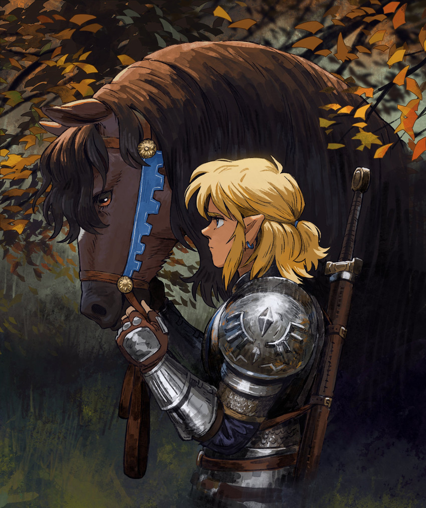 ambiguous_gender armor blonde_hair bridle clothing duo ear_piercing ear_ring feral fingerless_gloves fur gloves grass hair handwear humanoid_pointy_ears male melee_weapon piercing plant pointy_ears ponytail reins ring_piercing shoulder_pads sword tree weapon detkef breath_of_the_wild nintendo the_legend_of_zelda link equid equine horse humanoid hylian mammal 2020 absurd_res hi_res