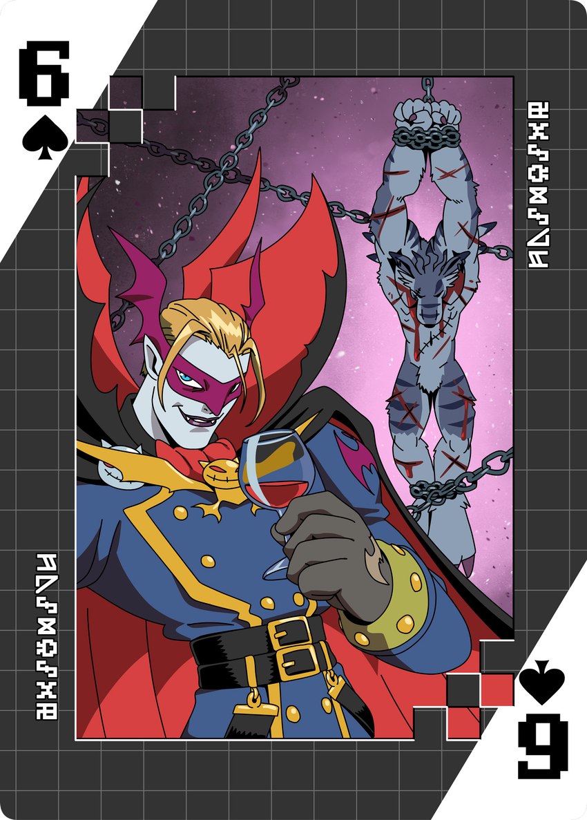 anthro blonde_hair blood bodily_fluids bound card digimoji duo featureless_crotch hair male mask muscular muscular_anthro muscular_male nude pecs playing_card six_of_spades suit_symbol torture wounded roaringmoon bandai_namco digimon canid canine digimon_(species) humanoid mammal myotismon vampire weregarurumon hi_res