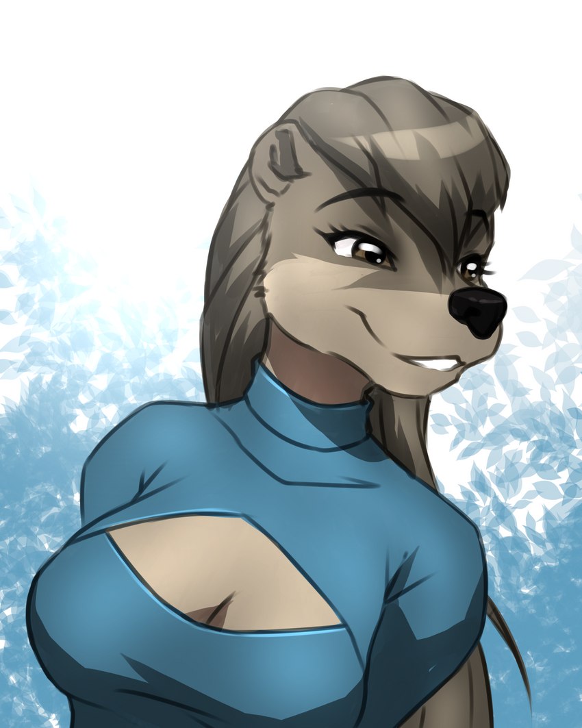 anthro breasts brown_eyes cleavage_cutout clothed clothing cutout eyebrows eyelashes female hair long_hair smile solo mykegreywolf nat_(mykegreywolf) mammal mustelid otter 2022 4:5 absurd_res half-length_portrait hi_res portrait