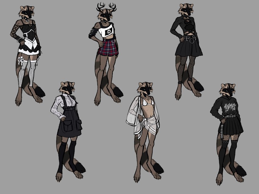 alternative_fashion anthro black_body black_fur black_nose bottomwear brown_body clothed clothing collar costume female footwear fur goth legwear punk skirt skirts socks tail tail_under_skirt thigh_highs thigh_socks crowsfire bailey_(crowsfire) mammal procyonid raccoon hi_res