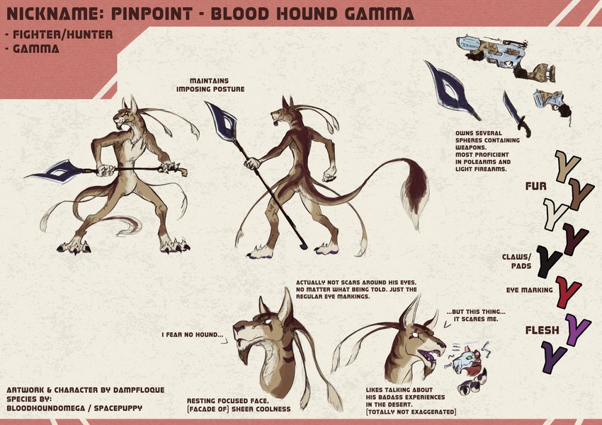 anthro brown_body brown_fur claws dialogue fur gun holding_object holding_weapon knife male melee_weapon open_species polearm ranged_weapon slim solo tan_body tan_fur text weapon bloodhound_omega conditional_dnp loque sleek alien english_text model_sheet