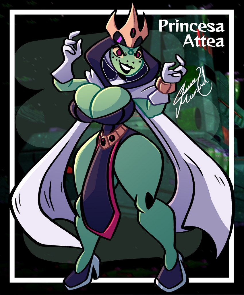 big_breasts breasts clothed clothing crown female green_body green_skin headgear huge_thighs lips not_furry smile solo text thick_thighs juanp1arts ben_10 cartoon_network attea princess_attea alien alien_humanoid amphibian animal_humanoid frog humanoid incursean mammal mammal_humanoid hi_res