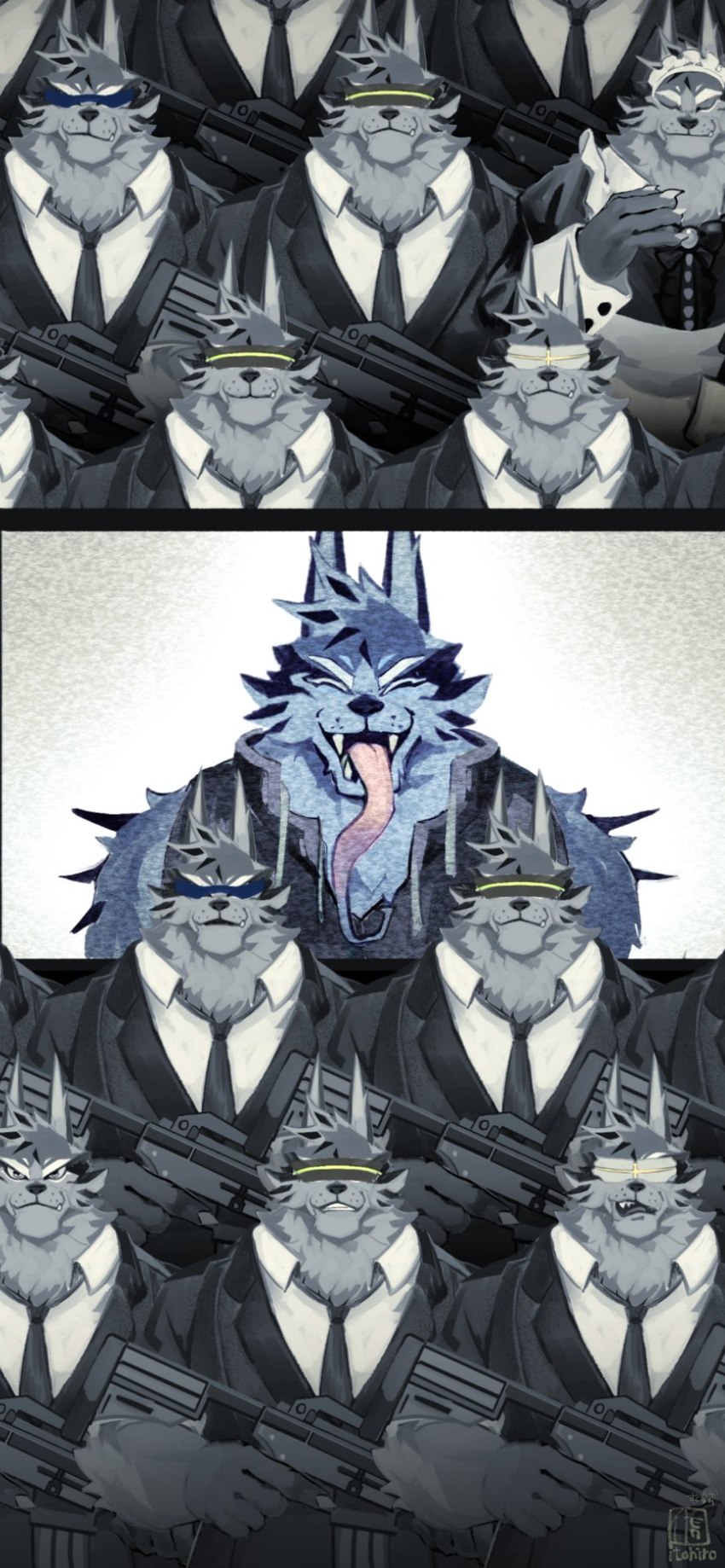 after_transformation anthro assault_rifle blue_body blue_fur blue_tongue cloning clothing eyes_closed eyewear fangs fur grey_body grey_fur group gun long_tongue maid_uniform male mobster neck_tuft necktie open_mouth ranged_weapon rifle sunglasses teeth tentacle_tongue tentacles three_piece_suit tongue tongue_out tuft uniform visor weapon itohiro0305 lifewonders tokyo_afterschool_summoners tindalos_(tas) canid canine canis mammal wolf 2022 hi_res