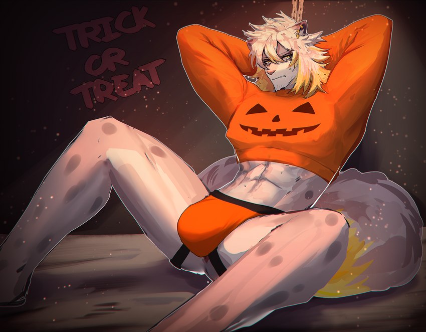 abs anthro anus arms_tied blonde_hair bound bulge clothing crop_top grey_body grunting hair holidays jockstrap looking_at_viewer male muscular orange_clothing orange_crop_top orange_jockstrap orange_shirt orange_topwear orange_underwear shirt sitting solo spread_legs spreading sweater tail topwear trick_or_treat underwear connr07 frame_rez halloween felid humanoid mammal pantherine snow_leopard absurd_res hi_res