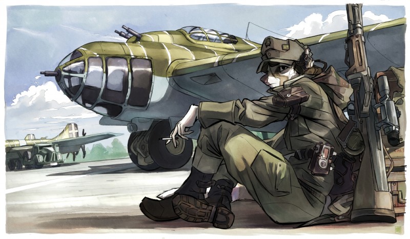 aircraft airplane anthro biped boots cigarette clothed clothing cloud electronics female fg-42 footwear german gun headphones looking_at_viewer military outside plant ranged_weapon rifle scope shoes sitting smoking sniper_rifle soldier solo tree truck_(vehicle) vehicle war warrior weapon world_war_2 darbaras rohara_novak genet mammal viverrid hi_res