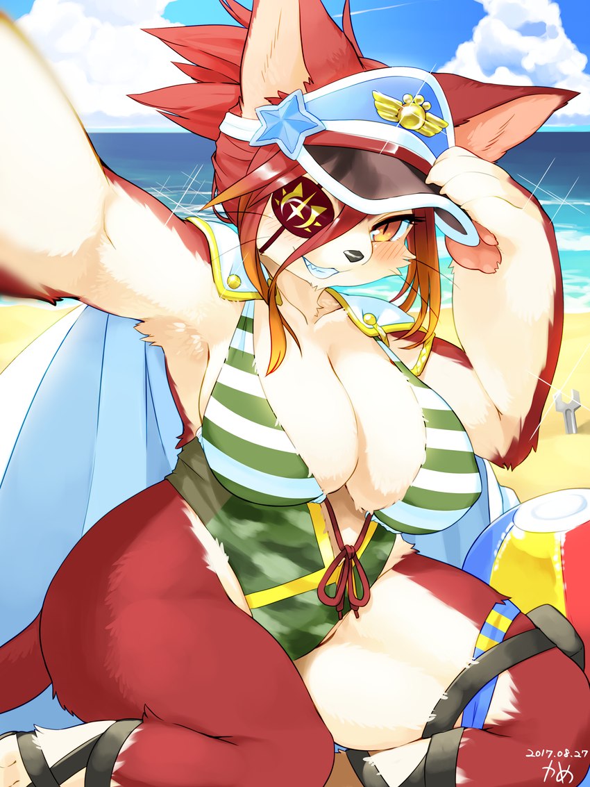 anthro big_breasts bikini blush breasts cleavage clothed clothing eyelashes female footwear fur hair kemono looking_at_viewer sandals shoes smile solo swimwear two-piece_swimsuit kame_3 cat_busters hinozuki felid mammal 2017 3:4 hi_res