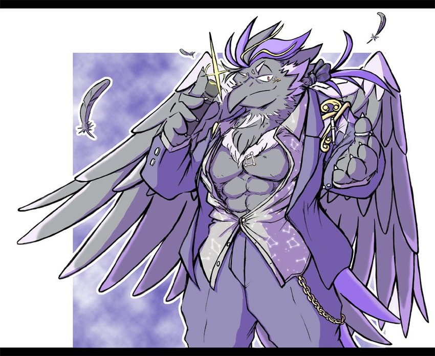 abs anthro bare_chest beak black_body black_feathers clothing feathers male muscular muscular_anthro muscular_male one_eye_closed pecs purple_clothing smug solo wings wink okudami lifewonders live_a_hero alchiba avian bird corvid corvus_(genus) crow oscine passerine