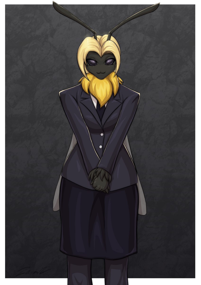 antennae_(anatomy) anthro arm_tuft black_body black_fur blonde_hair bob_cut clothing dark_clothing dark_eyes dress female front_view fur hair hands_together insect_wings looking_at_viewer multicolored_body neck_tuft necktie simple_background smile solo suit_jacket tuft uniform wings wrist_tuft yellow_body yellow_fur za-owl arthropod bee bumble_bee_(species) hymenopteran insect 2023 absurd_res digital_drawing_(artwork) digital_media_(artwork) hi_res