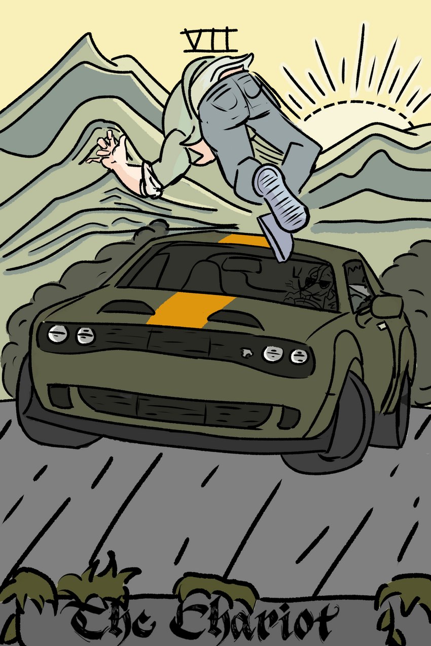 anthro bald car card card_template clothed clothing driving duo fortune_telling major_arcana male mountain road run_over scenery sunset tarot tarot_card text the_chariot_(tarot) vehicle stillzero cavemanon_studios dodge_(brand) dodge_challenger dodge_hellcat goodbye_volcano_high snoot_game anon_(snoot_game) naser_(gvh) human mammal prehistoric_species pterodactylus pterosaur reptile scalie 2:3 english_text hi_res