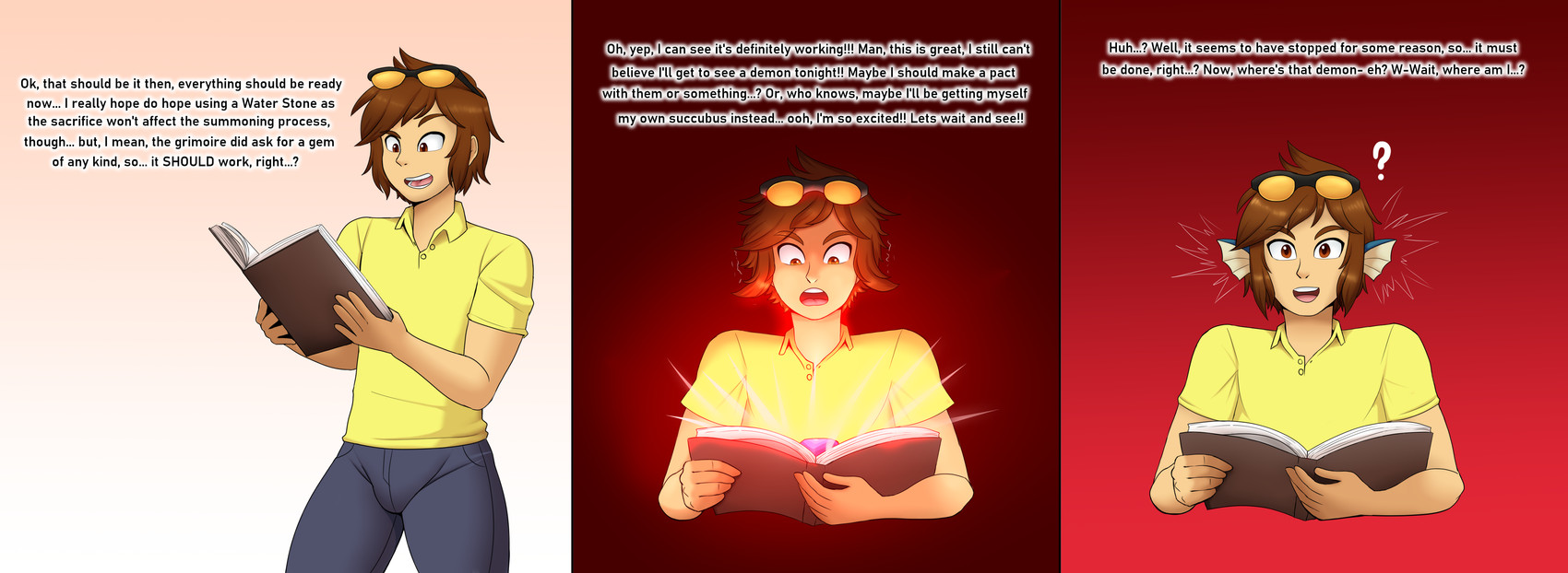 book bottomwear brown_hair clothing dialogue eyewear eyewear_on_head hair holding_book holding_object human_to_feral male pants question_mark red_background shirt simple_background smile solo species_transformation sunglasses sunglasses_on_head surprised text topwear transformation flybeeth nintendo pokemon jaki-kun_(character) eeveelution generation_1_pokemon human mammal pokemon_(species) vaporeon 2024 absurd_res digital_media_(artwork) english_text hi_res