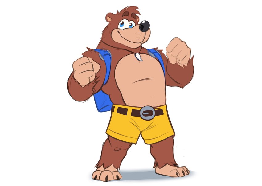 3_toes anthro backpack belt biped blue_eyes bottomwear brown_body brown_fur clothed clothing feet fist fur male shadow shorts simple_background solo standing toes tooth_necklace topless white_background yellow_bottomwear yellow_clothing yellow_shorts dinonugget_bird banjo-kazooie rareware banjo_(banjo-kazooie) bear mammal hi_res