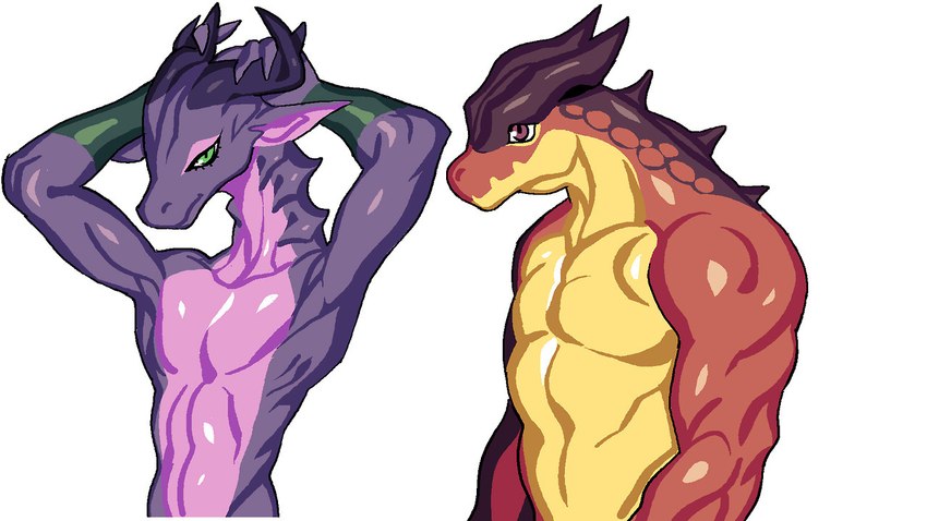 ambiguous_gender anthro duo green_eyes hands_above_head holding_horn horn looking_at_viewer multicolored_body nude pecs purple_body purple_eyes red_body simple_background spikes standing white_background jijis-waifus scalie 16:9 widescreen