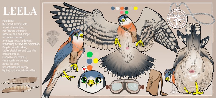 animal_genitalia bag butt cloaca clothing feathers feet female feral genitals glowing glowing_eyes headgear headwear jewelry marul_art necklace solo spread_tail spread_wings tail tail_feathers talons toes wings marul leela_(eagle683) avian bird falcon falconid kestrel 2024 absurd_res detailed digital_media_(artwork) hi_res model_sheet