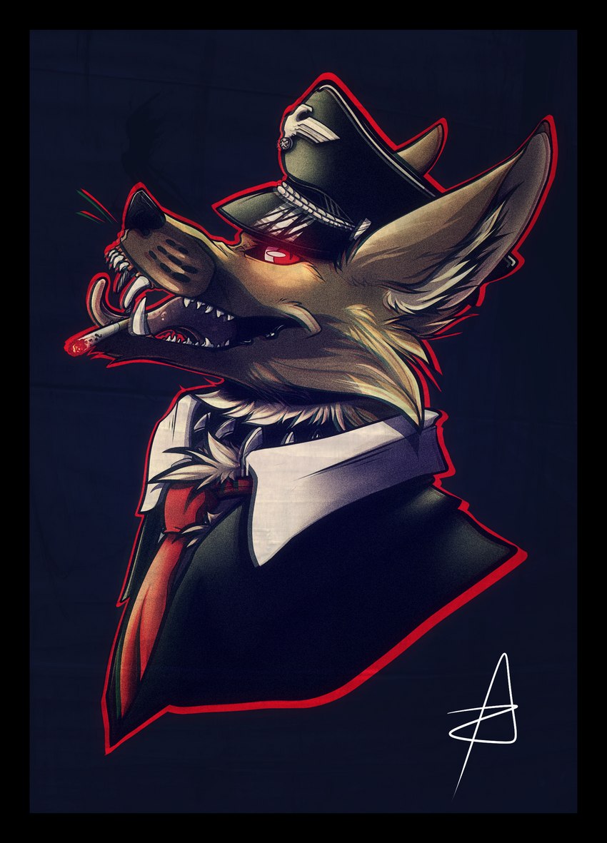 anthro black_border border brown_body brown_fur chest_tuft cigarette clothed clothing collar facial_hair fur goatee hair hat headgear headwear male markings nazi nazi_uniform necktie open_mouth red_eyes schutzstaffel simple_background smile solo spiked_collar spikes suit teeth tongue tongue_out tuft whisker_markings whiskers zykido lapfox_trax jackal_queenston canid canine canis domestic_dog german_shepherd herding_dog hybrid jackal mammal pastoral_dog absurd_res bust_portrait digital_media_(artwork) hi_res portrait