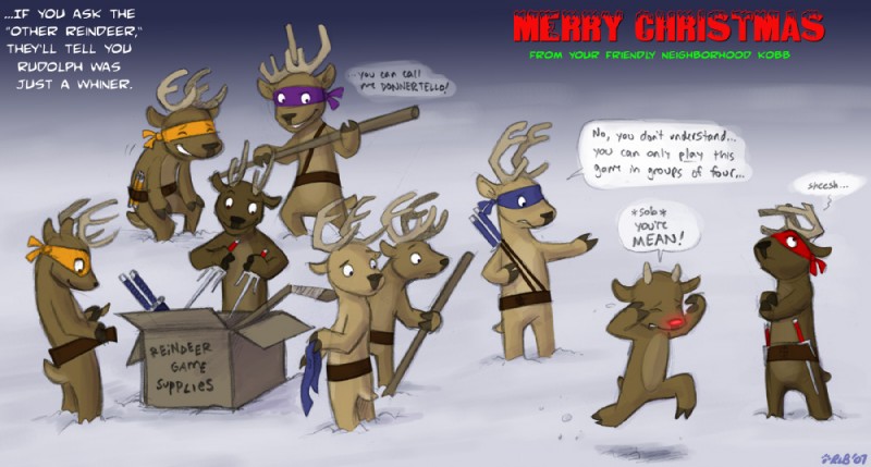 anthro bodily_fluids dialogue gaming group holiday_message holidays humor male outside pun snow tears text weapon kobb kobbers christmas teenage_mutant_ninja_turtles donner rudolph_the_red-nosed_reindeer deer mammal new_world_deer reindeer english_text