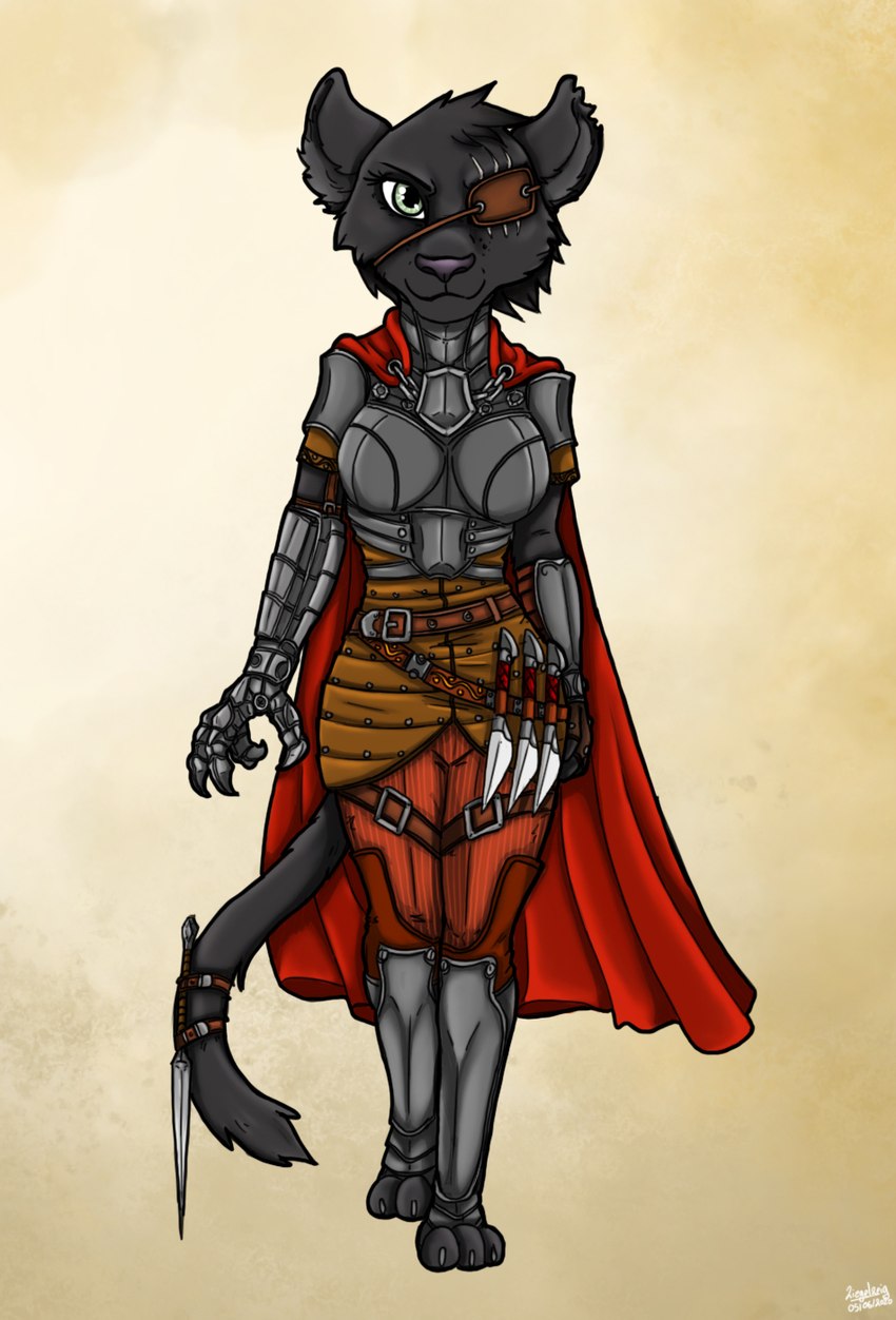 anthro armor black_body black_fur black_hair boob_armor cape clothing eye_patch eyewear female fur green_eyes hair knife melanistic scar solo ziegelzeig fel_doras felid mammal pantherine hi_res