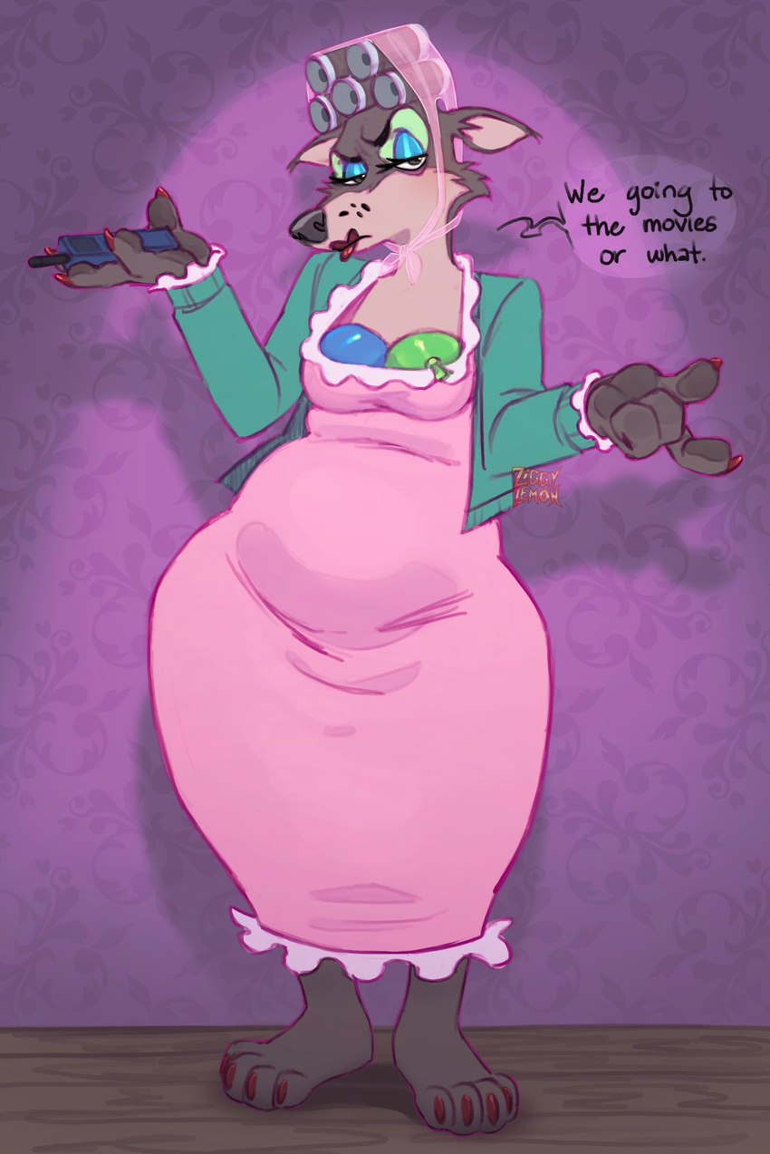 anthro balloon cellphone clothed clothing colored_nails crossdressing disguise electronics fake_breasts femboy fur grey_body grey_fur hair_curlers inflatable lipstick looking_at_viewer makeup male nails painted_claws pawpads phone slightly_chubby solo speech_bubble text thick_thighs ziggy_lemon fairy_tales moviefone big_bad_wolf canid canine canis mammal wolf english_text hi_res signature