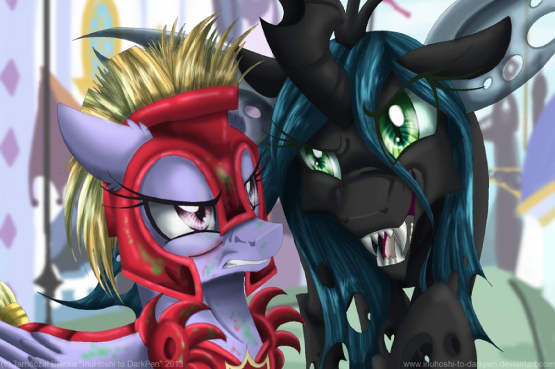 armor blonde_hair canterlot dirt duo fangs feathered_wings feathers female galea green_eyes hair hole_(anatomy) horn insect_wings long_hair pupils purple_body purple_eyes purple_feathers scar sharp_teeth slit_pupils straight_hair teeth wings inuhoshi-to-darkpen friendship_is_magic hasbro my_little_pony mythology cloud_kicker_(mlp) queen_chrysalis_(mlp) arthropod changeling equid equine mammal mythological_creature mythological_equine pegasus 2013 3:2